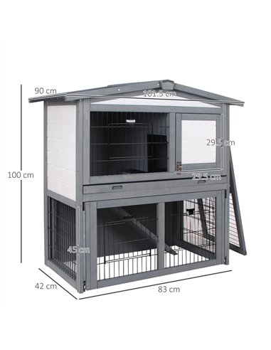 PawHut Rabbits 2-Tier Fur Wood Outdoor Hutch Guinea Pigs Hutches Grey