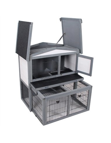 PawHut Rabbits 2-Tier Fur Wood Outdoor Hutch Guinea Pigs Hutches Grey