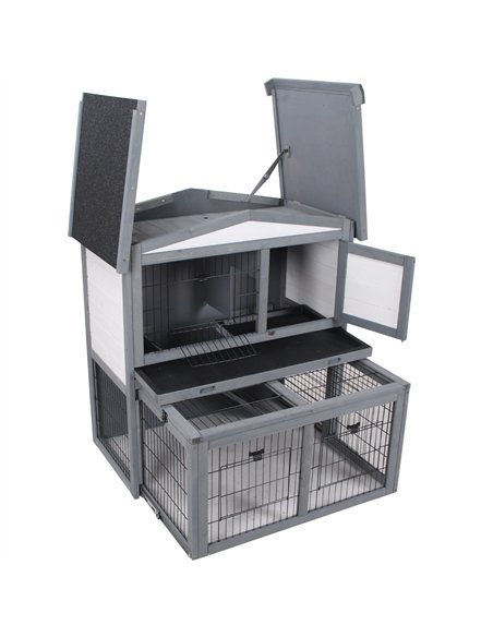 PawHut Rabbits 2-Tier Fur Wood Outdoor Hutch Guinea Pigs Hutches Grey - pic 159489 | FastDaddyshop