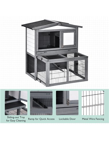 PawHut Rabbits 2-Tier Fur Wood Outdoor Hutch Guinea Pigs Hutches Grey