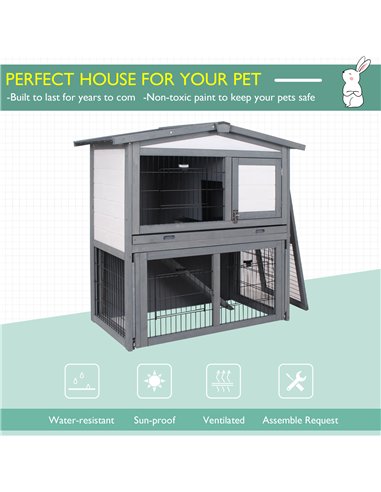PawHut Rabbits 2-Tier Fur Wood Outdoor Hutch Guinea Pigs Hutches Grey