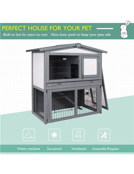 PawHut Rabbits 2-Tier Fur Wood Outdoor Hutch Guinea Pigs Hutches Grey - pic 159493 | FastDaddyshop