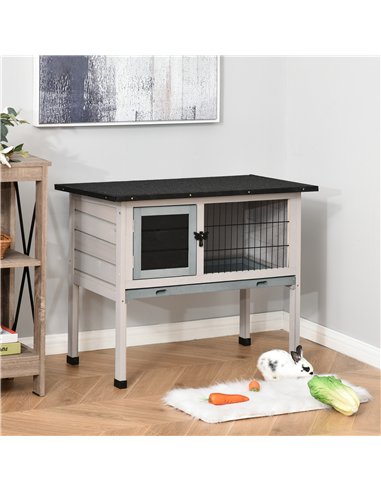 PawHut Elevated Fir Wood Guinea Pigs Hutches Tray Openable Asphalt Roof Outdoor Pet Cage Grey