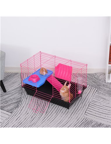 PawHut Dwarf Hamster Metal Cage Guinea Pigs Hutches w/ Tunnels Pink