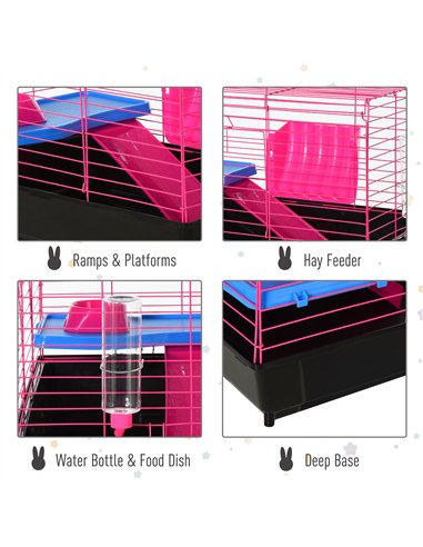 PawHut Dwarf Hamster Metal Cage Guinea Pigs Hutches w/ Tunnels Pink