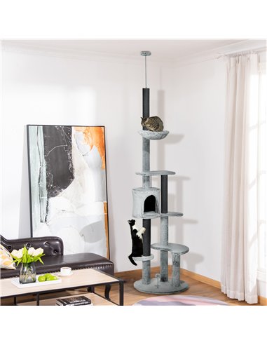 PawHut 255cm Floor to Ceiling Cat Tree with Scratching Posts, Height Adjustable Cat Tower with Hammock, House, Anti-tipping Kit,