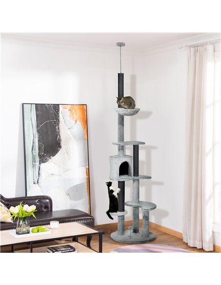 PawHut 255cm Floor to Ceiling Cat Tree with Scratching Posts, Height Adjustable Cat Tower with Hammock, House, Anti-tipping Kit, - pic 159754 | FastDaddyshop
