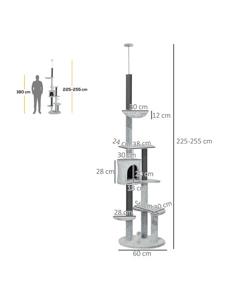 PawHut 255cm Floor to Ceiling Cat Tree with Scratching Posts, Height Adjustable Cat Tower with Hammock, House, Anti-tipping Kit, - pic 159755 | FastDaddyshop