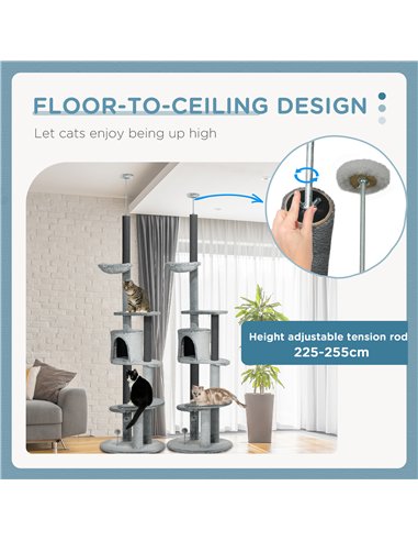 PawHut 255cm Floor to Ceiling Cat Tree with Scratching Posts, Height Adjustable Cat Tower with Hammock, House, Anti-tipping Kit,