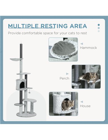 PawHut 255cm Floor to Ceiling Cat Tree with Scratching Posts, Height Adjustable Cat Tower with Hammock, House, Anti-tipping Kit,