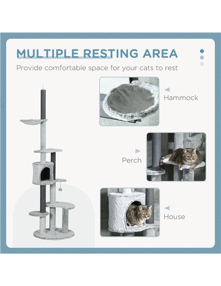 PawHut 255cm Floor to Ceiling Cat Tree with Scratching Posts, Height Adjustable Cat Tower with Hammock, House, Anti-tipping Kit, - pic 159757 | FastDaddyshop
