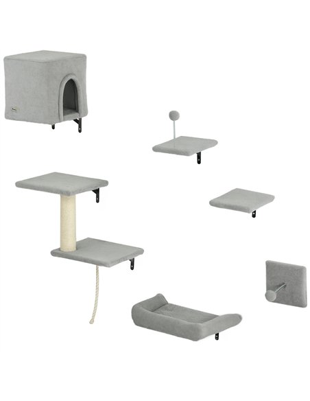PawHut 6-Piece Cat Wall Shelves Set with Condo, Cat Wall Furniture with Platforms, Sisal Scratching Post, Bed, Toy Ball, Grey - pic 159762 | FastDaddyshop