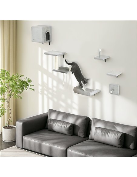 PawHut 6-Piece Cat Wall Shelves Set with Condo, Cat Wall Furniture with Platforms, Sisal Scratching Post, Bed, Toy Ball, Grey - pic 159763 | FastDaddyshop