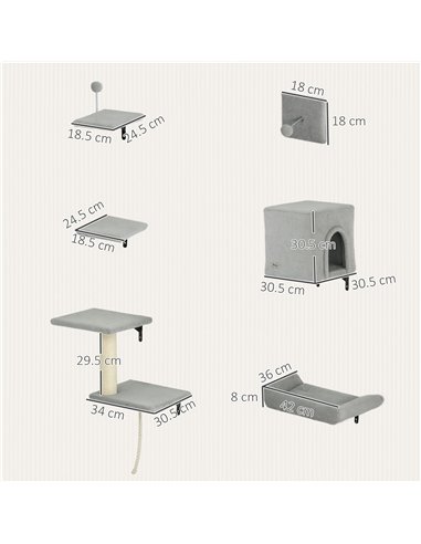 PawHut 6-Piece Cat Wall Shelves Set with Condo, Cat Wall Furniture with Platforms, Sisal Scratching Post, Bed, Toy Ball, Grey