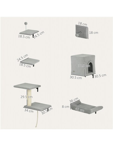 PawHut 6-Piece Cat Wall Shelves Set with Condo, Cat Wall Furniture with Platforms, Sisal Scratching Post, Bed, Toy Ball, Grey - pic 159764 | FastDaddyshop
