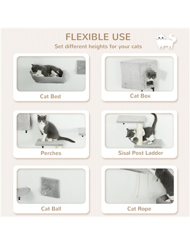 PawHut 6-Piece Cat Wall Shelves Set with Condo, Cat Wall Furniture with Platforms, Sisal Scratching Post, Bed, Toy Ball, Grey