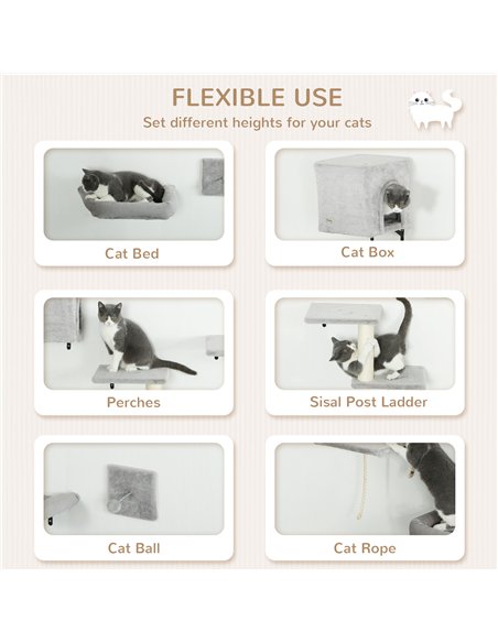 PawHut 6-Piece Cat Wall Shelves Set with Condo, Cat Wall Furniture with Platforms, Sisal Scratching Post, Bed, Toy Ball, Grey - pic 159765 | FastDaddyshop