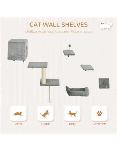 PawHut 6-Piece Cat Wall Shelves Set with Condo, Cat Wall Furniture with Platforms, Sisal Scratching Post, Bed, Toy Ball, Grey