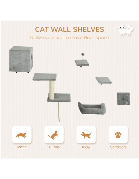 PawHut 6-Piece Cat Wall Shelves Set with Condo, Cat Wall Furniture with Platforms, Sisal Scratching Post, Bed, Toy Ball, Grey - pic 159766 | FastDaddyshop