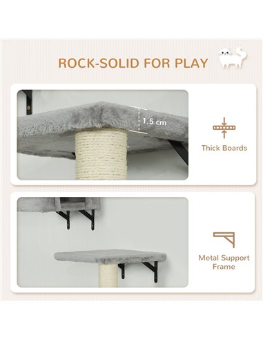 PawHut 6-Piece Cat Wall Shelves Set with Condo, Cat Wall Furniture with Platforms, Sisal Scratching Post, Bed, Toy Ball, Grey