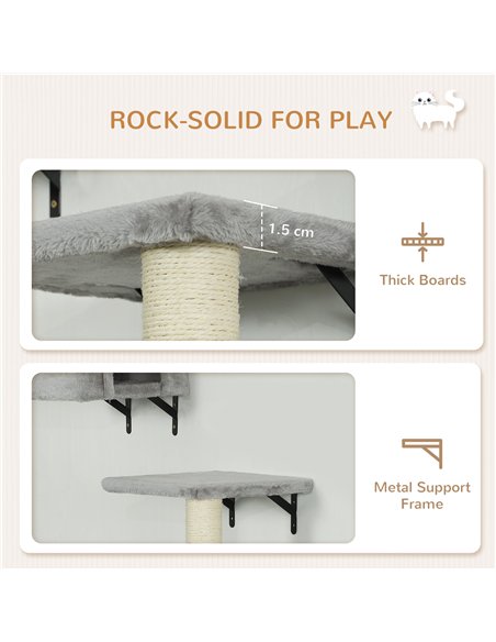 PawHut 6-Piece Cat Wall Shelves Set with Condo, Cat Wall Furniture with Platforms, Sisal Scratching Post, Bed, Toy Ball, Grey - pic 159767 | FastDaddyshop