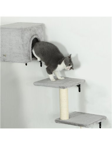 PawHut 6-Piece Cat Wall Shelves Set with Condo, Cat Wall Furniture with Platforms, Sisal Scratching Post, Bed, Toy Ball, Grey
