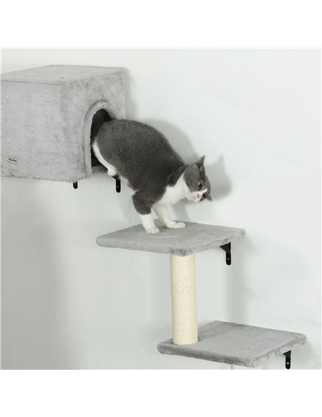 PawHut 6-Piece Cat Wall Shelves Set with Condo, Cat Wall Furniture with Platforms, Sisal Scratching Post, Bed, Toy Ball, Grey - pic 159770 | FastDaddyshop