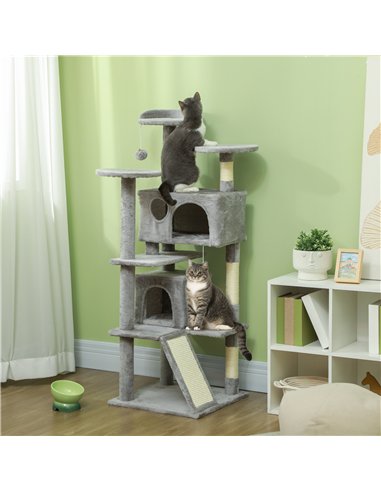 PawHut 138cm Cat Tree, Multi-Level Cat Tower with Scratching Posts and Pad, Bed, Condos, Platforms, Toy Balls, Light Grey