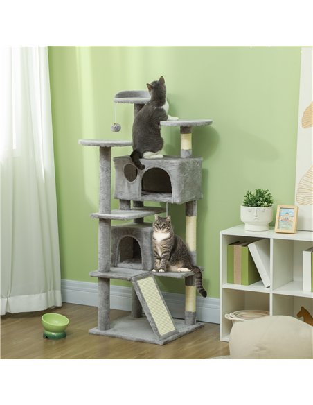 PawHut 138cm Cat Tree, Multi-Level Cat Tower with Scratching Posts and Pad, Bed, Condos, Platforms, Toy Balls, Light Grey - pic 159772 | FastDaddyshop