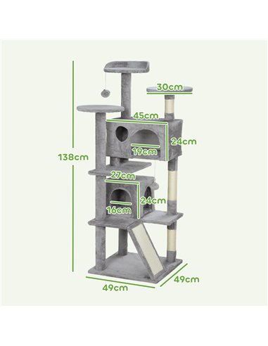PawHut 138cm Cat Tree, Multi-Level Cat Tower with Scratching Posts and Pad, Bed, Condos, Platforms, Toy Balls, Light Grey