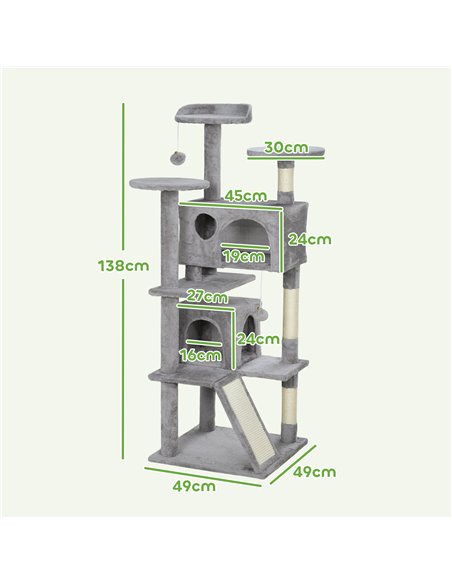 PawHut 138cm Cat Tree, Multi-Level Cat Tower with Scratching Posts and Pad, Bed, Condos, Platforms, Toy Balls, Light Grey - pic 159773 | FastDaddyshop