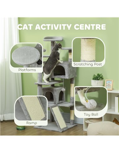 PawHut 138cm Cat Tree, Multi-Level Cat Tower with Scratching Posts and Pad, Bed, Condos, Platforms, Toy Balls, Light Grey