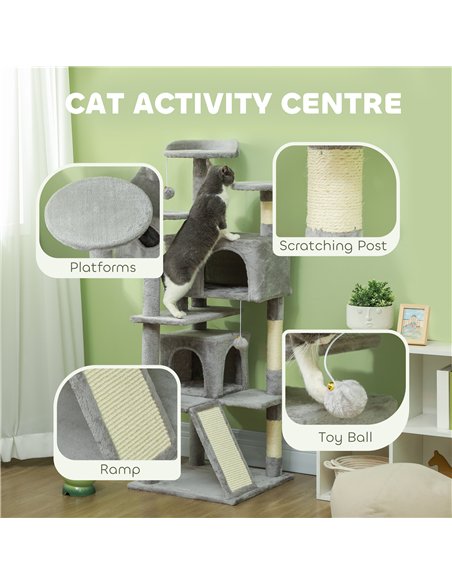 PawHut 138cm Cat Tree, Multi-Level Cat Tower with Scratching Posts and Pad, Bed, Condos, Platforms, Toy Balls, Light Grey - pic 159774 | FastDaddyshop