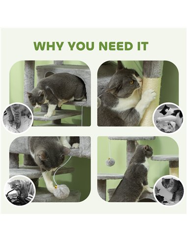 PawHut 138cm Cat Tree, Multi-Level Cat Tower with Scratching Posts and Pad, Bed, Condos, Platforms, Toy Balls, Light Grey