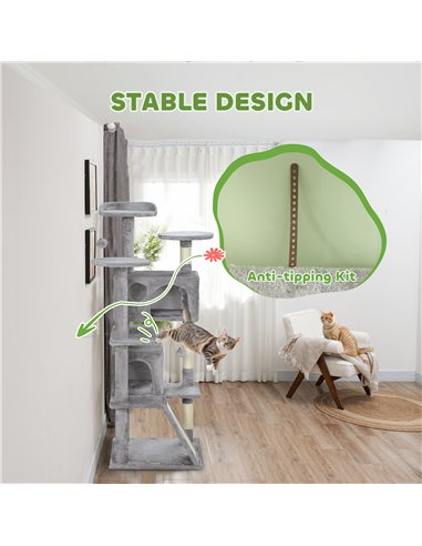 PawHut 138cm Cat Tree, Multi-Level Cat Tower with Scratching Posts and Pad, Bed, Condos, Platforms, Toy Balls, Light Grey