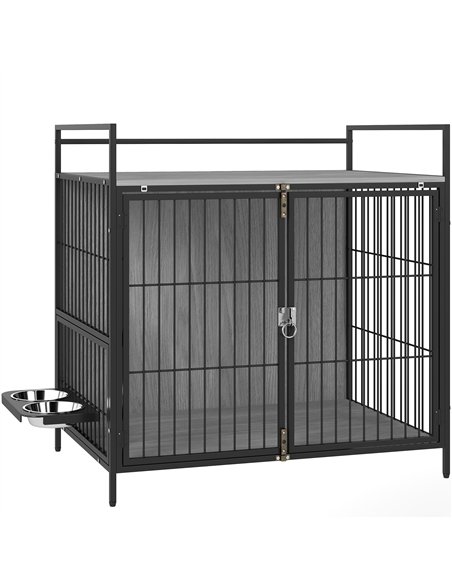 PawHut Dog Crate Furniture with Rotating Bowl Holder, 2 Bowls, 2 Doors, for Medium Dogs, 80 x 56 x 76.5 cm, Grey - pic 159816 | FastDaddyshop