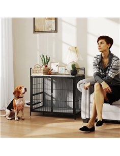 PawHut Dog Crate Furniture with Rotating Bowl Holder, 2 Bowls, 2 Doors, for Medium Dogs, 80 x 56 x 76.5 cm, Grey 2