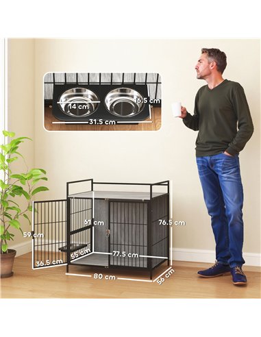 PawHut Dog Crate Furniture with Rotating Bowl Holder, 2 Bowls, 2 Doors, for Medium Dogs, 80 x 56 x 76.5 cm, Grey