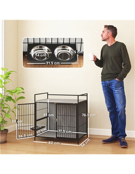 PawHut Dog Crate Furniture with Rotating Bowl Holder, 2 Bowls, 2 Doors, for Medium Dogs, 80 x 56 x 76.5 cm, Grey - pic 159818 | FastDaddyshop