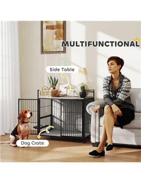 PawHut Dog Crate Furniture with Rotating Bowl Holder, 2 Bowls, 2 Doors, for Medium Dogs, 80 x 56 x 76.5 cm, Grey - pic 159819 | FastDaddyshop