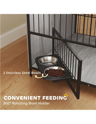 PawHut Dog Crate Furniture with Rotating Bowl Holder, 2 Bowls, 2 Doors, for Medium Dogs, 80 x 56 x 76.5 cm, Grey