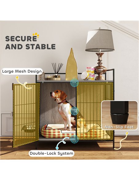PawHut Dog Crate Furniture with Rotating Bowl Holder, 2 Bowls, 2 Doors, for Medium Dogs, 80 x 56 x 76.5 cm, Grey - pic 159821 | FastDaddyshop