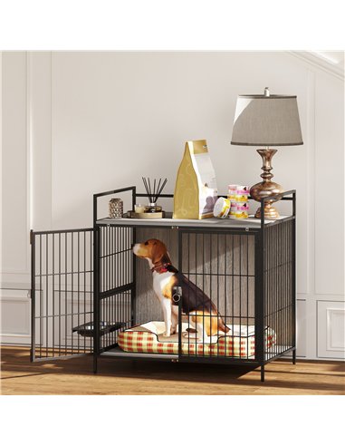 PawHut Dog Crate Furniture with Rotating Bowl Holder, 2 Bowls, 2 Doors, for Medium Dogs, 80 x 56 x 76.5 cm, Grey