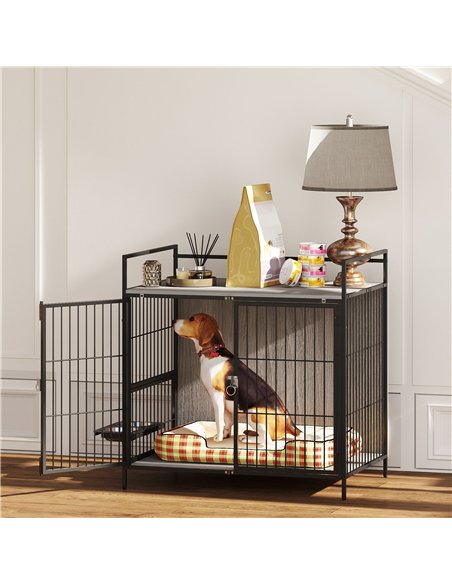 PawHut Dog Crate Furniture with Rotating Bowl Holder, 2 Bowls, 2 Doors, for Medium Dogs, 80 x 56 x 76.5 cm, Grey - pic 159823 | FastDaddyshop