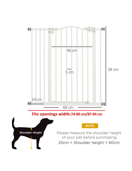 PawHut Pressure Fit Dog Stair Gate No Drilling Safety Gate Auto Close for Doorways, Hallways, 74-94cm Adjustable, 94cm Tall, Whi - pic 159827 | FastDaddyshop