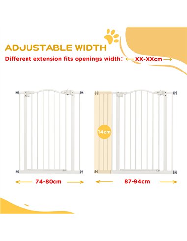PawHut Pressure Fit Dog Stair Gate No Drilling Safety Gate Auto Close for Doorways, Hallways, 74-94cm Adjustable, 94cm Tall, Whi