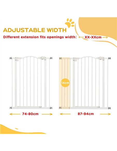 PawHut Pressure Fit Dog Stair Gate No Drilling Safety Gate Auto Close for Doorways, Hallways, 74-94cm Adjustable, 94cm Tall, Whi - pic 159832 | FastDaddyshop