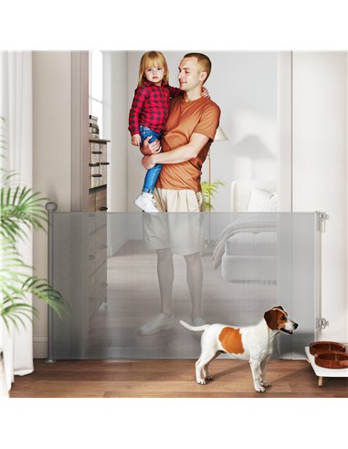 PawHut Retractable Stair Gate Extends Up to 140 cm Wide, Dog Gate for Doorways, Stairways, Hallways, Grey