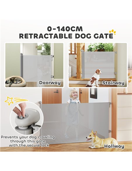 PawHut Retractable Stair Gate Extends Up to 140 cm Wide, Dog Gate for Doorways, Stairways, Hallways, Grey - pic 159837 | FastDaddyshop
