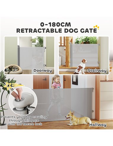 PawHut Retractable Stair Gate Extends Up to 180 cm Wide, Dog Gate for Doorways, Stairways, Hallways, Grey